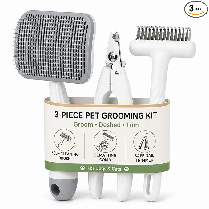 3-Piece Dogs & Cats brush for shedding - Self Cleaning Slicker Brush, Dematting Comb & Nail Clipper - Professional 3-in-1 Grooming Set for Shedding, Mats & Tangles - Easy At-Home Pet Care Tools