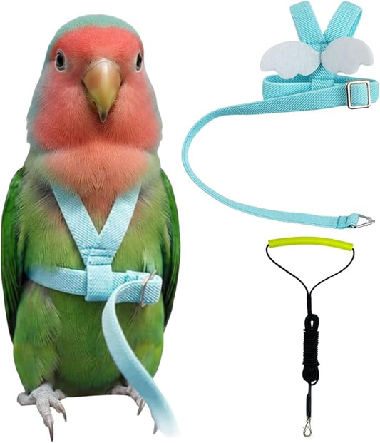 Adjustable Bird Harness with Elastic Leash, Pet Parrot Harness and Leash, Adjustable Training Design Anti-Bite, Bird Nylon Rope with Cute Wing for Conure (Lake Blue,S)