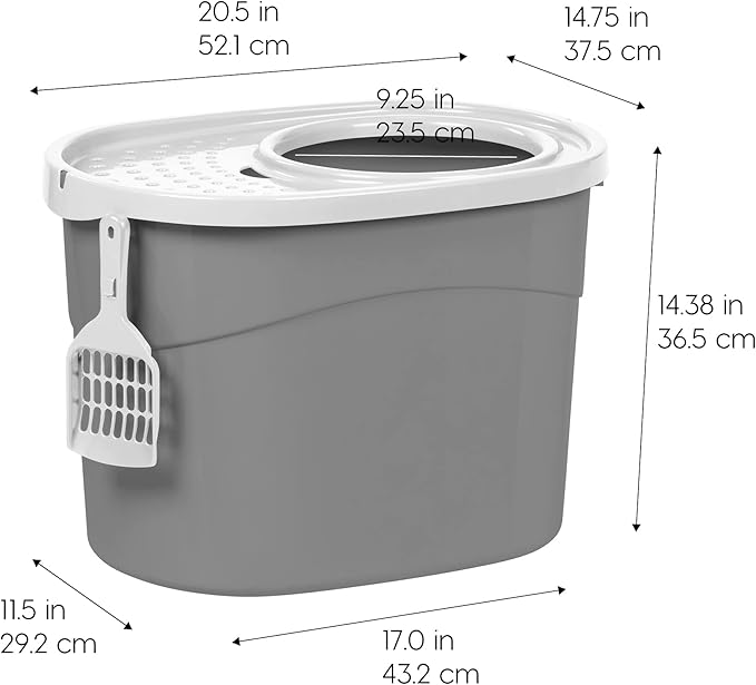 IRIS USA Cat Litter Box Large Top Entry with Lid Enclosed Covered Hooded Design Litter Catching Scatter Shield Pan Dog Proof Pet Proof Scoop Included Odor Control for Indoor Cats Kittens Gray/White