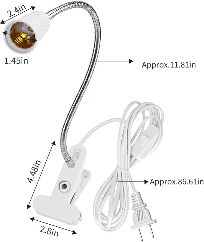 Aluminum Wire Neck Clip Light Socket, 2-Pack Desk Clip Clamp Lamp Holder Adjustable Light Stand With Switch 6.8ft Cable E26/E27 Clip Lamp Fixture for Aquarium Plant Grow