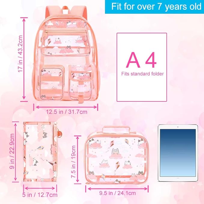 CCJPX 3Pcs Clear Backpack for Girls, School Transparent Bookbag, Heavy Duty See Through Backpacks for Teens Elementary