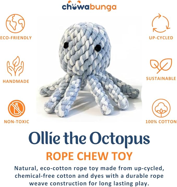 Ollie the Octopus Dog Toy Tough 4 Inch Handmade Eco Cotton Rope Dog Toy Octopus with Natural, Non-Toxic Dyes - Dog Octopus Toy for Small Dogs (Blue, Small)