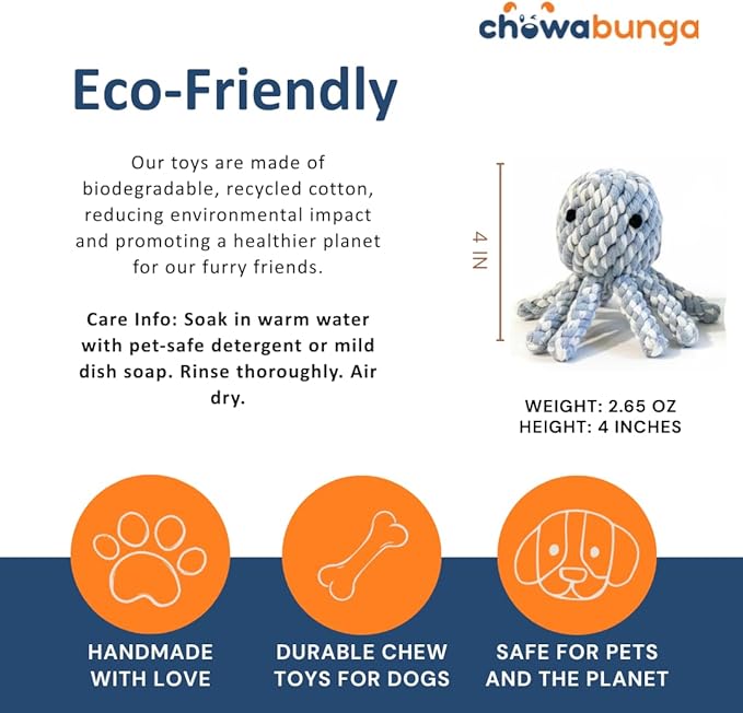 Ollie the Octopus Dog Toy Tough 4 Inch Handmade Eco Cotton Rope Dog Toy Octopus with Natural, Non-Toxic Dyes - Dog Octopus Toy for Small Dogs (Blue, Small)