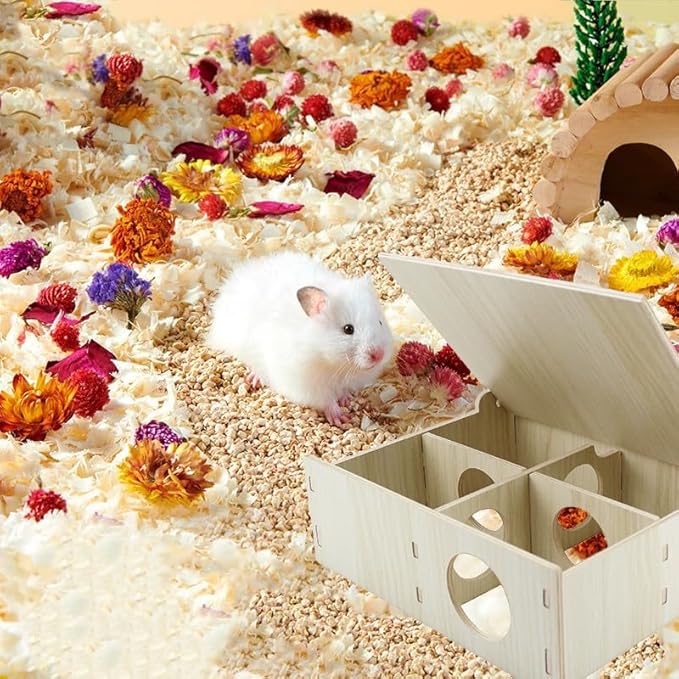 Amonk Multi-Chamber Hamster House 7x8.6x3in Wooden Secret Peep Shed and Explore Hideout Flip Cover Design Hamster Play Tunnel for Gerbils Mice Lemming and Small Animals