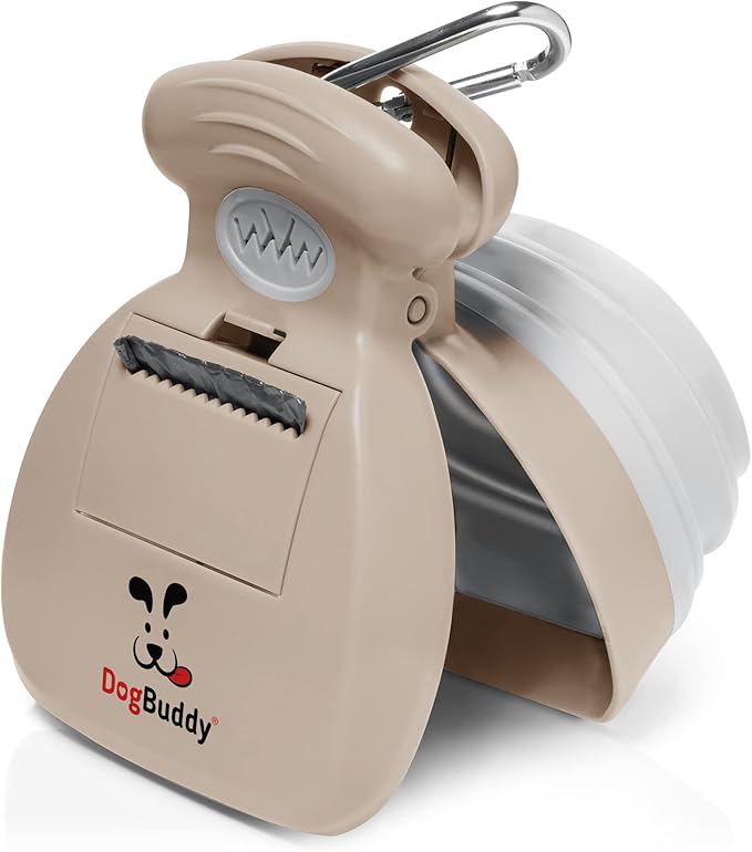 DogBuddy Pooper Scooper, Portable Dog Pooper Scooper, Poop Scooper for Small and Large Dogs, Pooper Scooper with Bag Attachment, Leash Clip and Dog Waste Bags Included (Medium, Taupe)