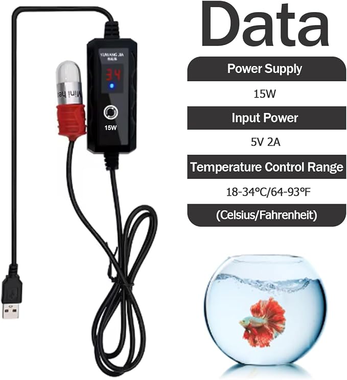 Mini Aquarium Heater 5V/2A USB 15W Super Small Fish Tank Heater with Digital Display Thermostat, Thickened Quartz Glass Betta Tank Heater Turtle Heater for Tanks up to 1 Gallon