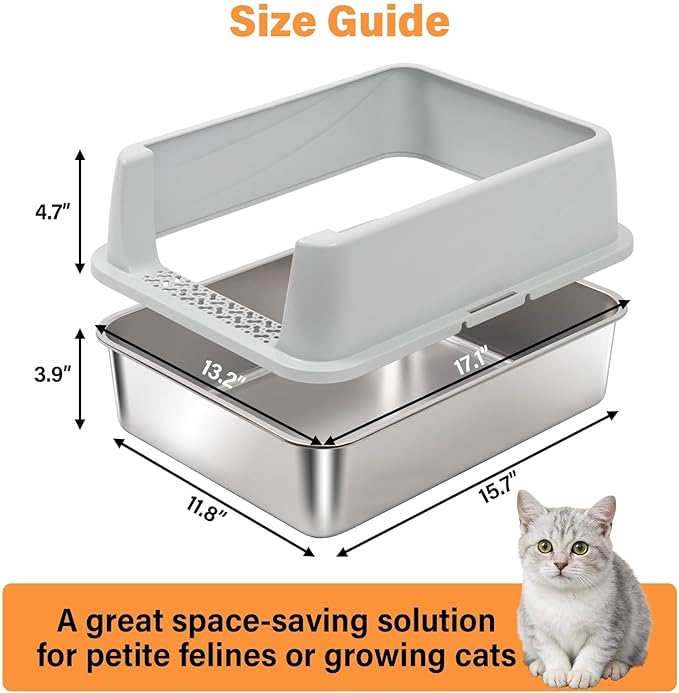 Stainless Steel Cat Litter Box with Lid, Metal Litter Box for Small Cats, Low Entry Kitten Litter Boxes with Scoop and Mat, Non-Sticky, Anti-Urine Leakage, Easy Cleaning, M
