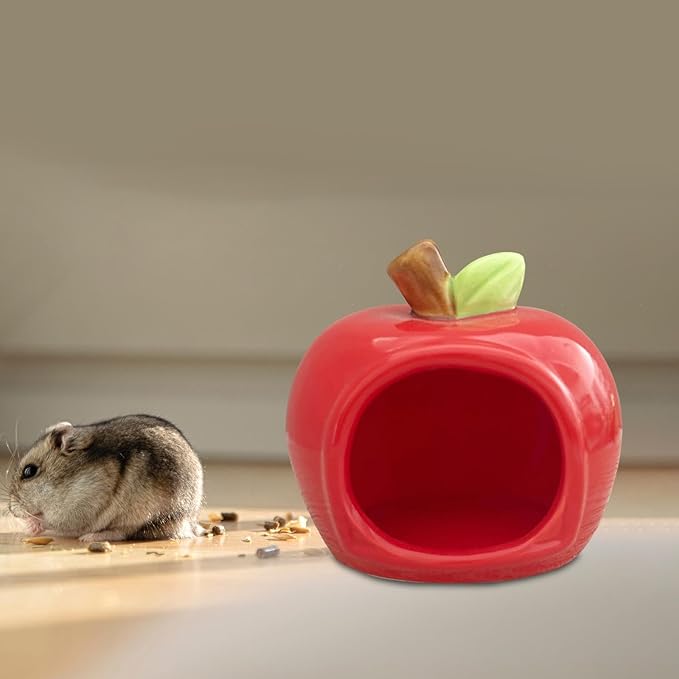 Ceramic Hamster House Cartoon Pet House Decor Furniture Hamster Nest Habitat for Chinchilla All Season Dwarf Ferret, Red