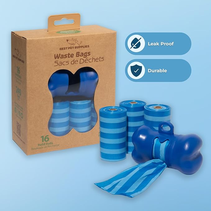 Best Pet Supplies Dog Poop Bags for Waste Refuse Cleanup, Doggy Roll Replacements for Outdoor Puppy Walking and Travel, Leak Proof and Tear Resistant, Thick Plastic - Blue Strips, 240 Bags