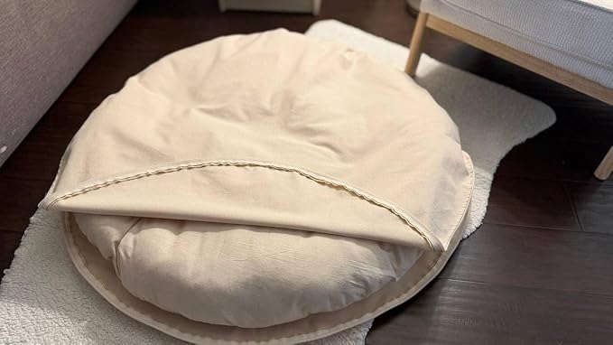 Natural 100% Cotton Canvas Round Dog Bed Cover Eco Friendly Durable Pet Bedding Dog Cushion Covers with Zippers Machine Washable Covers (Beige, Small 24 Inches)