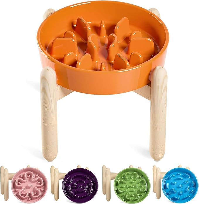 LE TAUCI Ceramic Slow Feeder Puzzle Bowl Elevated 1.5 Cup with Wooden Stand for Small & Medium Dog, Fast Eater Food Bowl Sun Orange