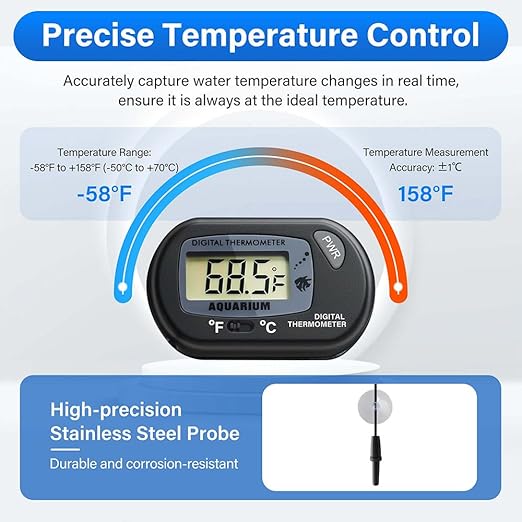 Digital Aquarium Thermometer Fish Tank Thermometer Test with Large LCD Display Fahrenheit/Celsius(℉/℃) for Aquarium Reptile Terrarium Turtle Tank