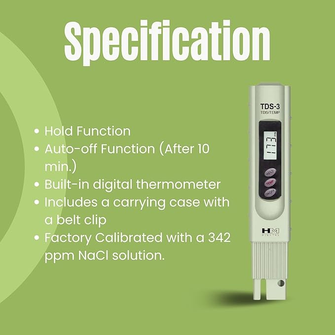 HM Digital TDS-3 Handheld TDS Meter With Carrying Case, 0 - 9990 ppm TDS Measurement Range, 1 ppm Resolution, +/- 2% Readout Accuracy