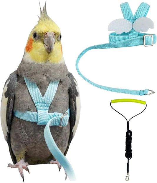 Adjustable Bird Harness with Elastic Leash, Pet Parrot Harness and Leash, Adjustable Training Design Anti-Bite, Bird Nylon Rope with Cute Wing for Conure (Lake Blue,2M)