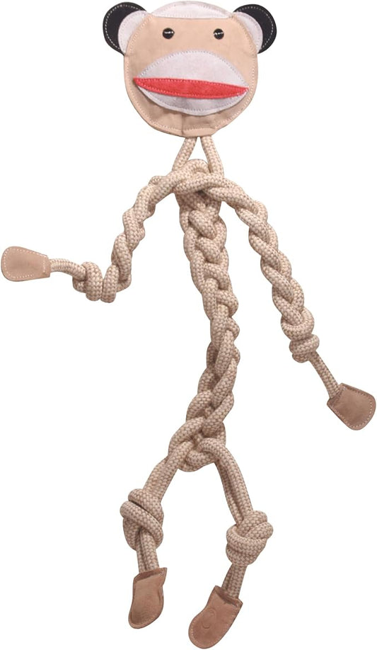 HuggleHounds Natural Rope Knottie - Leather Dog Toys for Aggressive Chewers, All Natural Cotton, Interactive Leather Toy for Small or Large Dog Breeds, Tough & Durable Chew Toy - Stuey Sock Monkey