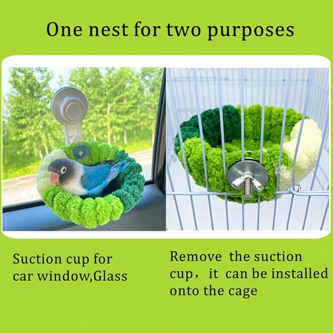 Portable Suction Cup Bird Perch Nest for Travel Car Window Glass, Warm Bird Sleeping hut Snuggle Bed for cage (Green Combo, S)