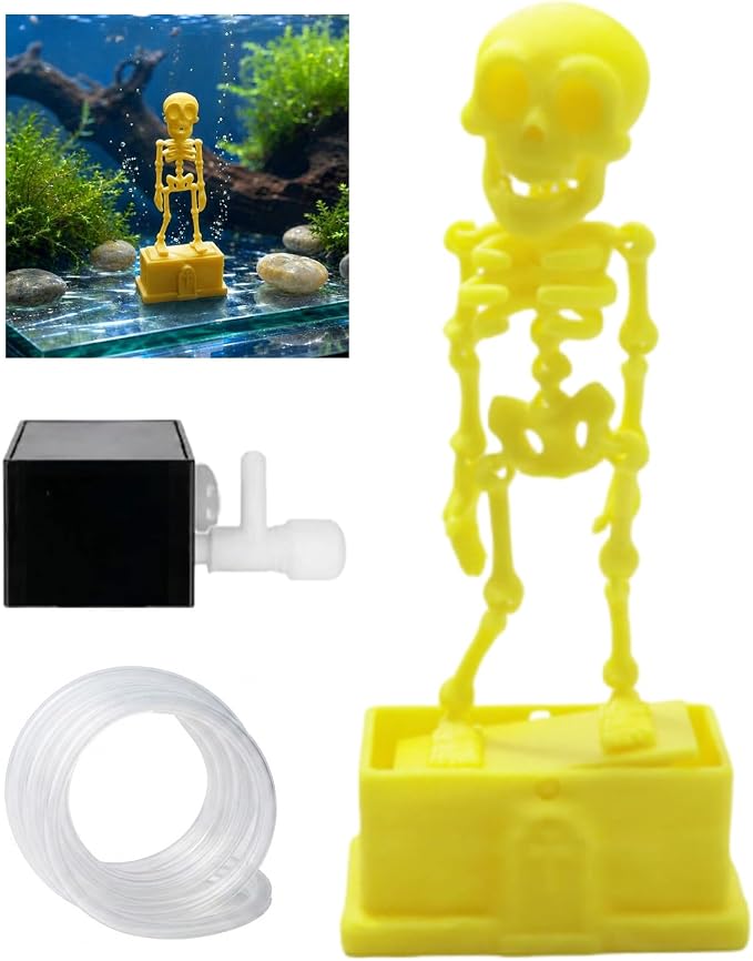 Dancing Skeleton Aquarium Bubbler, Halloween Fish Tank Decor(Yellow) | Adjustable airflow with 1m hose & valve. Safe resin, for freshwater/saltwater tanks. Air pump not included.