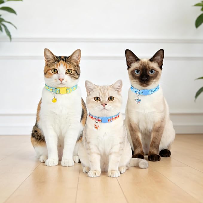 SCENEREAL Summer Breakaway Cat Collar with Bell, 3 Pack Adjustable Safety Cat Collar for Boy and Girl Cats, Cute Kitten Collar for Kitty Puppy Small Pets, Sharks & Ducks & Crabs