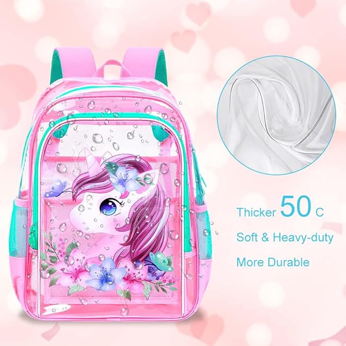 KLFVB 3PCS Clear Backpack for Girls and Boys, Kids See Through Backpacks Stadium Approved, Transparent Bookbag for Elementary