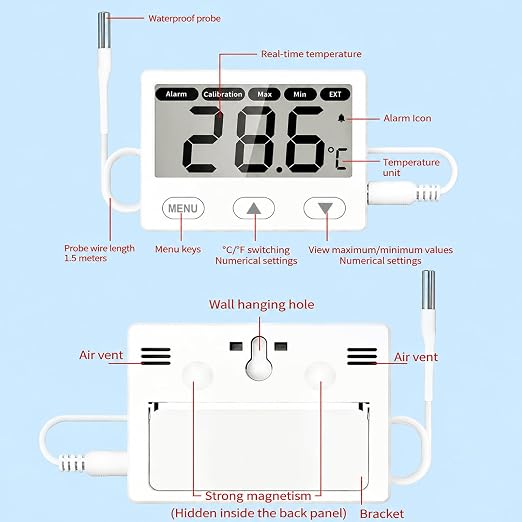 Fish Tank Aquarium Thermometer with Probe, 2.65" Large LCD and Alarm | 4.9 ft Probe, 2-sec Refresh, ±1°F Accuracy, -40℉ to 176℉, High Low Alert, Calibration, °F/°C Switch for Betta Turtle Tank