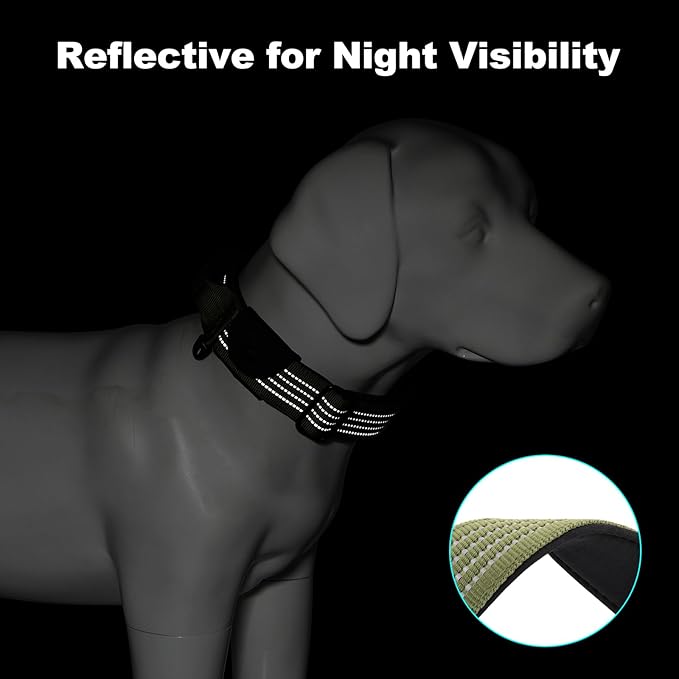 Plutus Pet Tactical Dog Collar with Tracker Pocket for AirTag, Adjustable Reflective Nylon Collar, Metal Buckle, Leather-Wrapped Handle, Soft Padded for Medium Large Dogs (Ranger Green, M)