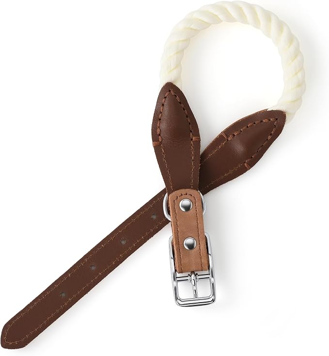 Mile High Life Genuine Leather Dog Collar, Durable Braided Cotton Rope Collar with Metal Pin Buckle for Small Medium Large Dogs (Cream, S Neck 11"-15")