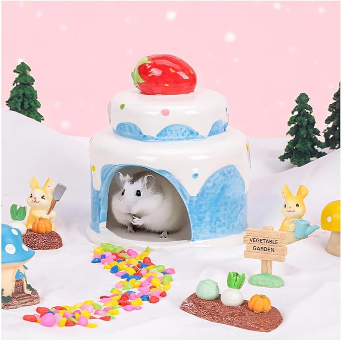 Cake-Shaped Ceramic Hamsters Hideout,Small Animal Summer Cage Accessories,Habitat Decor for Mice Gerbil Sugar Glider (Yellow)