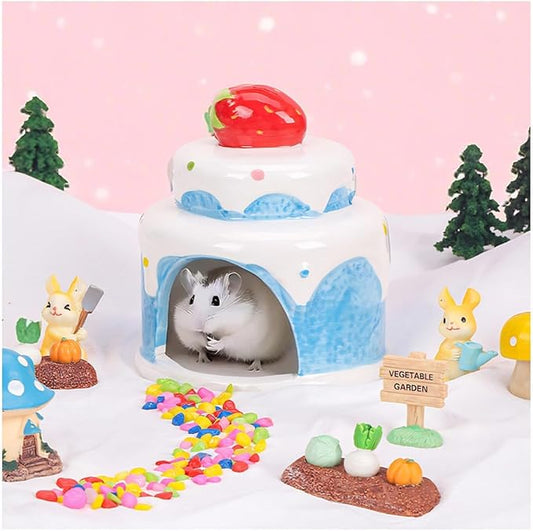 Cake-Shaped Ceramic Hamsters Hideout,Small Animal Summer Cage Accessories,Habitat Decor for Mice Gerbil Sugar Glider (Blue)