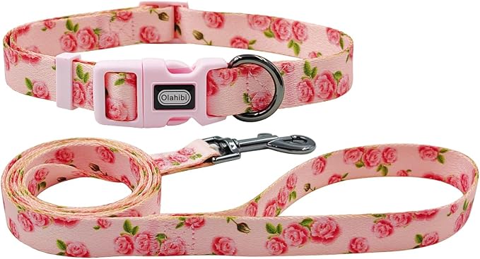 Dog Collar Leash Set, Floral Pattern, Polyester Material, Adjustable Collar and 5ft Matching Leash, for Medium Dogs.(M, Pink Rose)