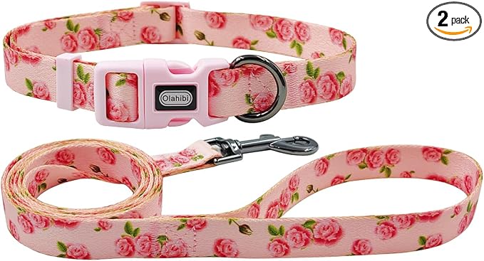 Dog Collar Leash Set, Floral Pattern, Polyester Material, Adjustable Collar and 5ft Matching Leash, for Large Dogs.(L, Pink Rose)