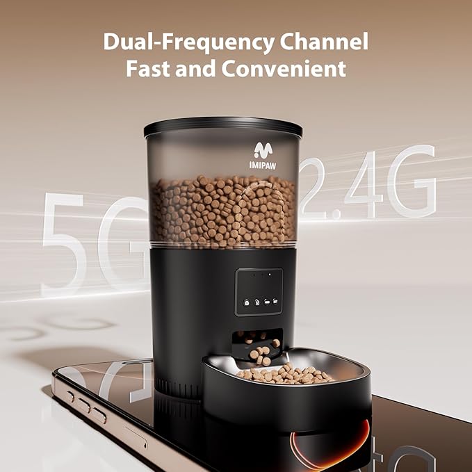 IMIPAW Automatic Cat Feeder, 5G WiFi Food Dispenser with APP Remote Control, Pet Dry Food Smart Feeder, Programmable Timed Feeding, Dual Power Supply, 1-10 Meals, Desiccant Bag, Stainless Steel Bowl