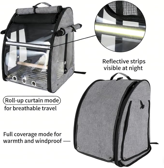 Sanmoncare Bird Carrier Backpack, Parrot Travel Bag with Stand, Stainless Steel Mesh Travel Cage for Cockatiel, Portable Bird Travel Carrier, Pet Transparent Breathable Travel Cage Large