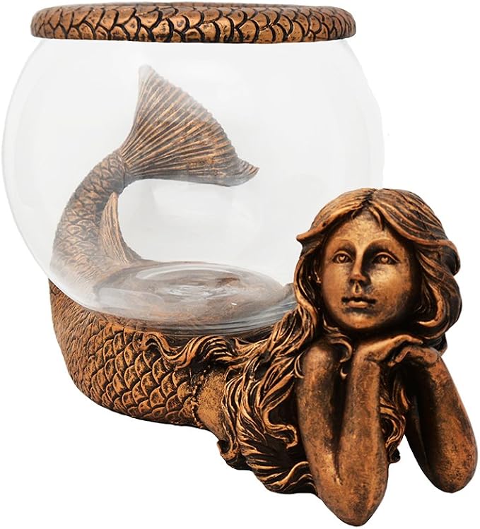 Mystical Mermaid Fish Bowl Décor – 1 Gallon Glass Aquarium, Terrarium & Candle Holder with Antiqued Bronze Mermaid Figurine, Decorative Tabletop Bowl for Home or Office