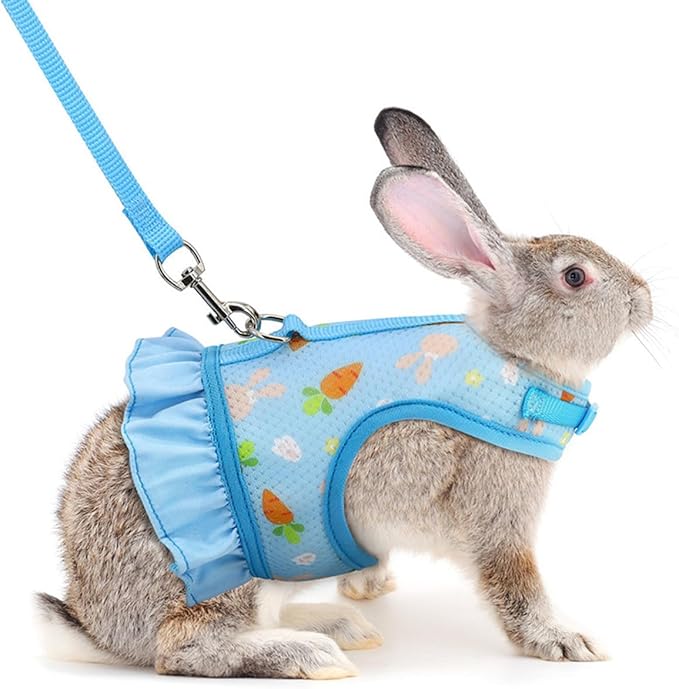 Hotlion Rabbit Harness and Leash Set, Cute Breathable Bunny Leash and Harness Set Soft Mesh Vest Harness for Rabbits Hamster Clothes Kitten Ferret Guinea Pig Puppy Small Pets Walking Gear, Blue S