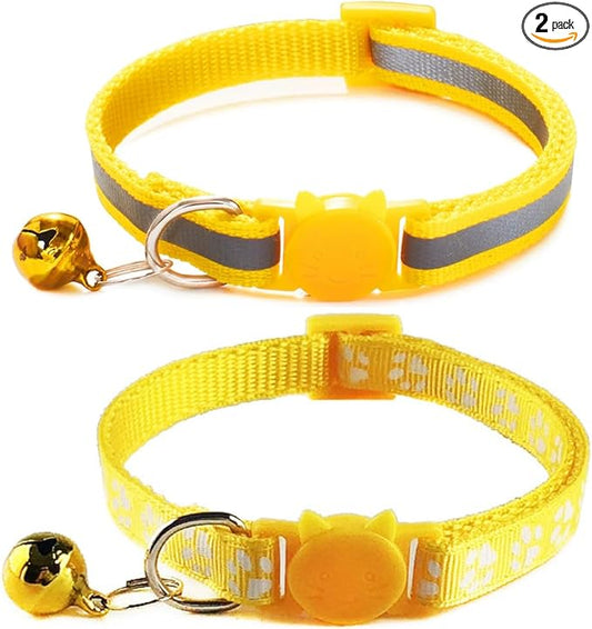 Reflective Cat Collar Breakaway with Bells, 2 Pack Girl Boy Pet Cat Collar Adjustable 7.5-12.5 Inch (Yellow)