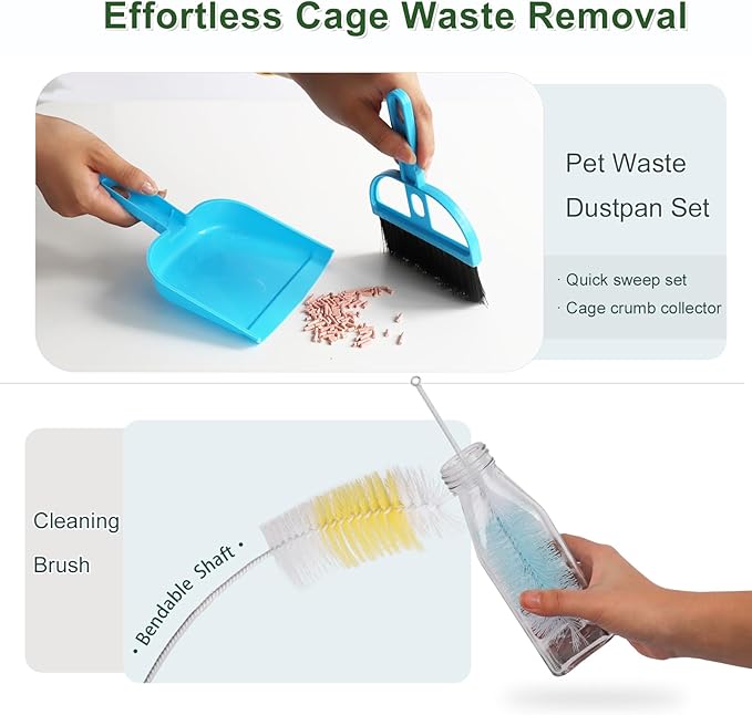 6PCS Small Animal Cage Care Kit - Stainless Steel Grooming Tools for Birds/Parakeets, Hamsters & Sugar Gliders - Includes Waste Remover, Brushes & Dustpan (Fits Wire & Plastic Cages)