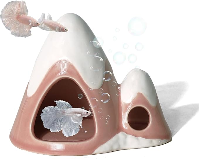 Cute Pink Aquarium Decor Ceramic Mountain Betta Fish Tank Cave | Smooth-Surface Safe for Fish Hiding & Breeding, Easy-Clean, No Assembly, for Play & Rest,Fits 3.5-5 Gallon Fish Tanks