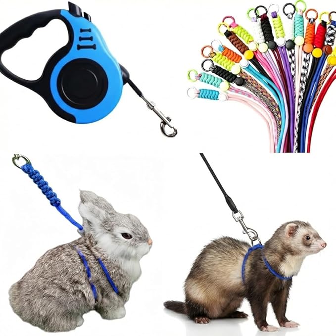 [3-Piece Set] Escape Proof Small Pet Harness and Leash - 10ft (3m) Retractable Lead & 2 Adjustable Rope Vests for Kittens, Ferrets, Rabbits, Guinea Pigs & Small Pets