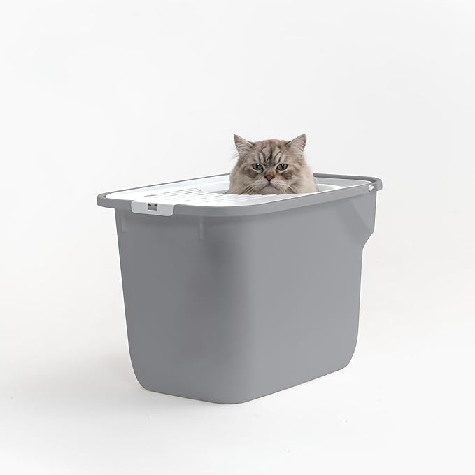 IRIS USA Cat Litter Box Large Top Entry with Lid, Enclosed Litter Box with Litter Catching Lid & Scoop, Covered Cat Litter Box Enclosure for Privacy, High Sided, Gray/White