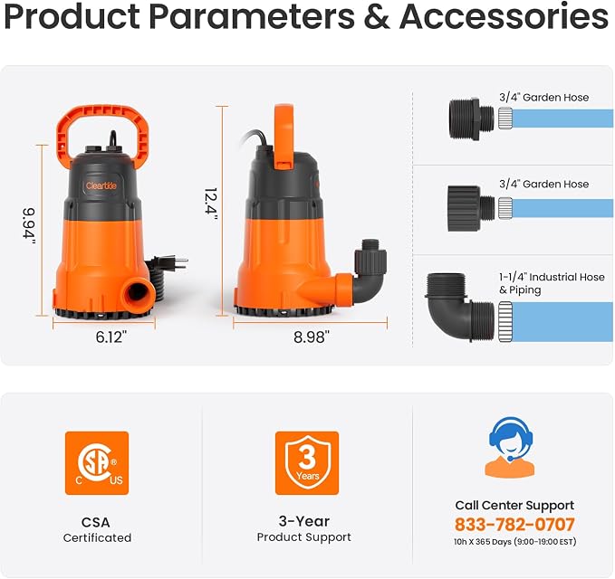 1 HP Submersible Utility Water Pump, 4500 GPH Sump Pump, Portable Plug and Work for Pond, Garden Watering, Pool or Hot Tub Water Transfer