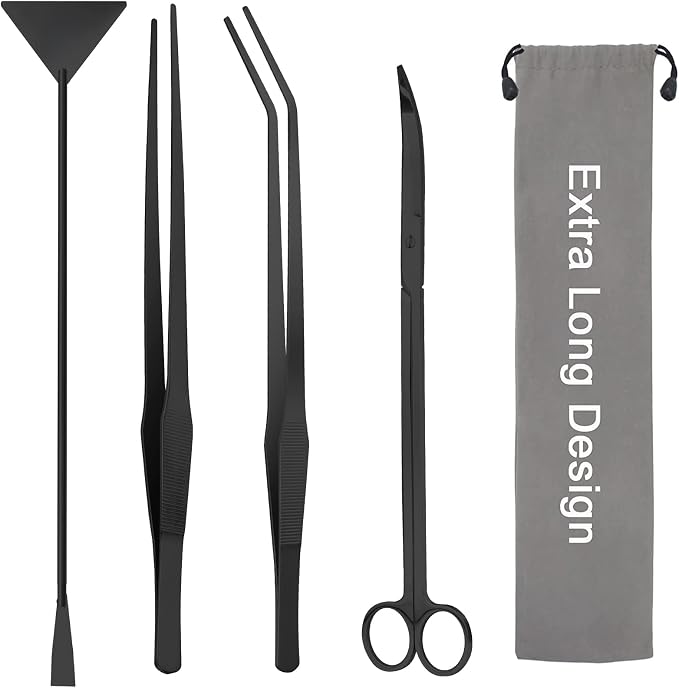 15" Aquarium Aquascape Tools Kit 4P Stainless Steel Aquascaping Set | 4in1 Extra Long Full Metal Design, Scissors, 2P Tweezers And Sand Spatula, For Trimming Plants, Arranging Sand And Aquascape