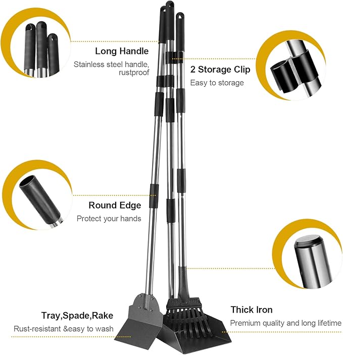 Niubya Pooper Scooper for Dogs, Metal Poop Scooper Tray and Rake Set with Adjustable Long Handle, Dog Pooper Scooper for Pet Waste Removal