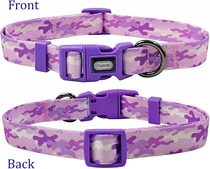 Dog Collar Leash Set, Camouflage Pattern, Polyester Material, Adjustable Collar and 5ft Matching Leash, for Medium Dogs.(M, Purple Camo)