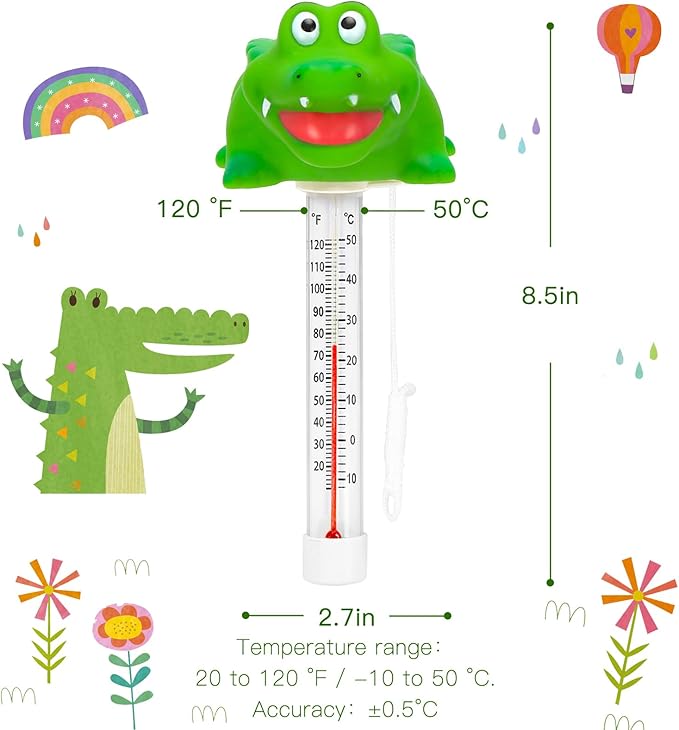 XY-WQ Alligator Floating Pool Thermometer with String, Easy-Read | Large size easy-read scale and included string for swimming pools, spas, hot tubs and ponds.