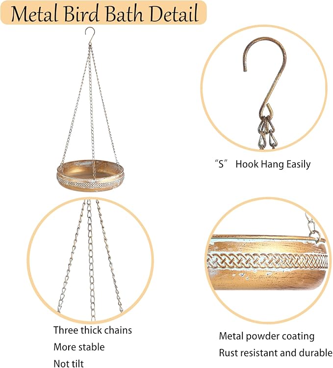 Metal Hanging Bird Bath for Outdoors, Antique Patina Hanging BirdBath for Outside, Hanging Birdbath/Feeder for Outside Garden, Yard, Lawn Decoration