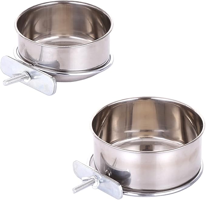 2 Packs, Pet Food Water Bowl with Clamp Holder Stainless Steel Coop Cup Hanging Feeder for Dog Bird Parrot Cat Rabbit, S&M