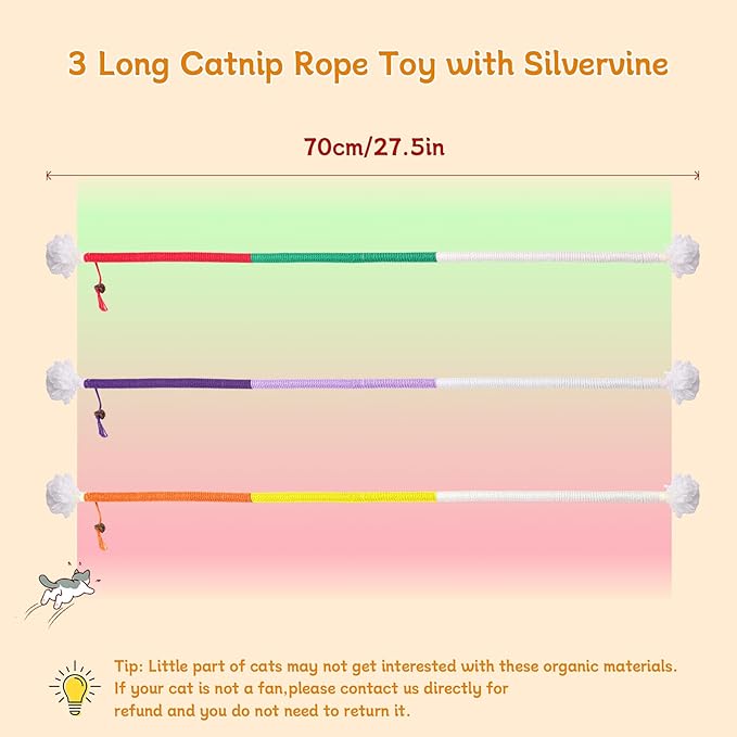 SEVENKA 3Pcs Cat Catnip Toys, 2.3ft/70cm Silvervine Chew Toy for Teeth Cleaning, Kitten Toys, Cotton Rope Scratch Catnip Interactive Cat Toys for Indoor Kittens Kitty