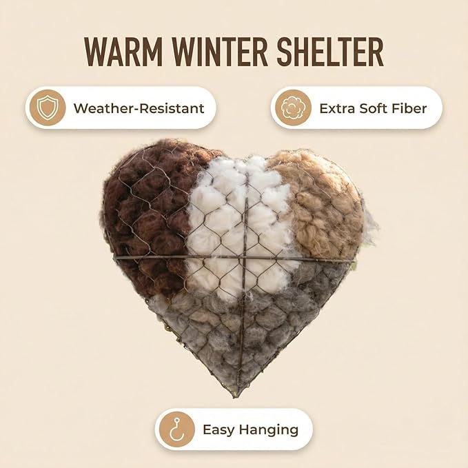 Heart-Shaped Bird Nesting Material Holder, Wire Mesh Feeder with Cotton Fill, Hanging Chain, Garden Decor (1)