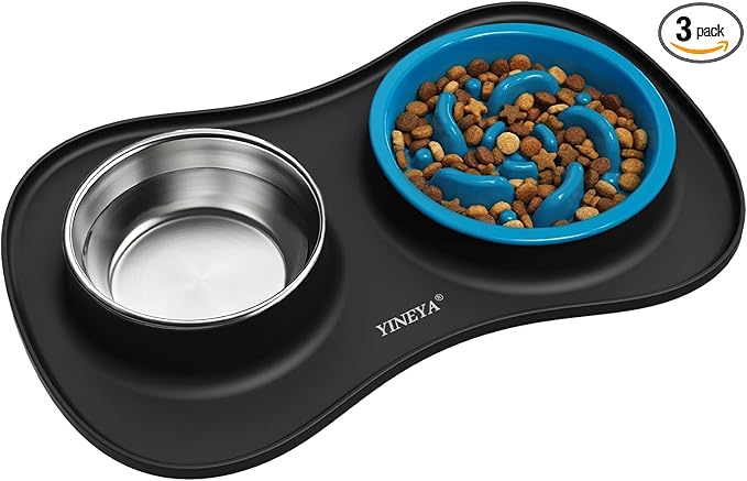 YINEYA Slow Feeder Dog Bowls Stainless Steel Food and Water Bowl Set 3 in 1 No Spill Waterproof Silicone Pet Food Mat Puppy Feeding Station for Large Medium Small Breed Non Slip Metal Dish Tray