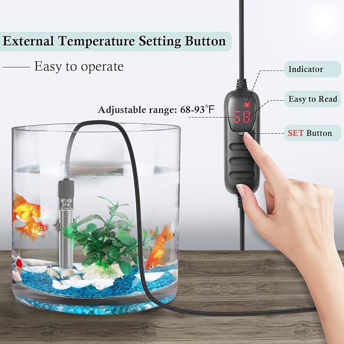 HITOP Compact Submersible Aquarium Heater -25W Digital Heater for Fish Tank Turtle Tank, for Saltwater and Fresh Water with Temperature Controller